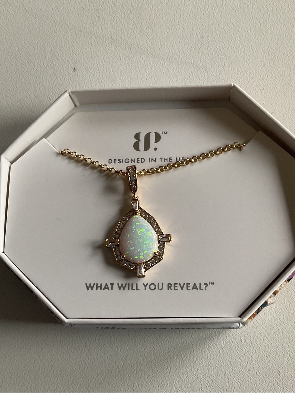 bp Gold Teardrop Pendant Necklace with White Opal